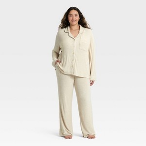 Women's Cozy Ribbed Notch Collar Long Sleeve Shirt and Pants Pajama Set - Auden™ - 1 of 3