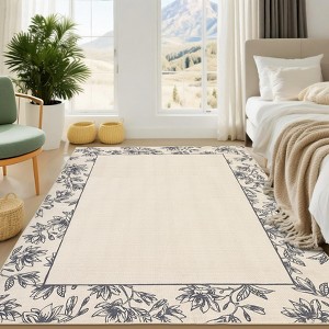 Floral Bordered Rugs for Living Room Bedroom Soft Washable Low Pile Non-Slip Modern Rug - 1 of 4