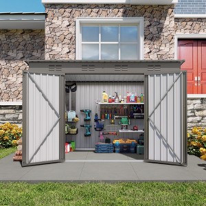 PAGED 4x9 FT Outdoor Storage Shed with Sloping Roof,Metal Tool Shed with 6 vents and 2 Swing Doors,Compact Garden Shed for Patio,Gray - 1 of 4