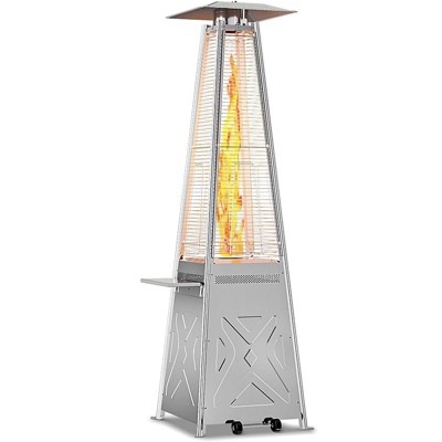 42,000 BTU pyramid patio heater with glass tube; propane outdoor heater on wheels, perfect for backyard, garden, patio, porch, and pool use.