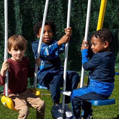 Blue and Yellow Metal Swing Set with Slide and Glider