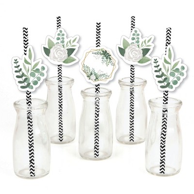 Big Dot of Happiness Boho Botanical - Paper Straw Decor - Greenery Party Striped Decorative Straws - Set of 24