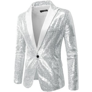 INSPIRE CHIC Men's Peak Lapel Color Block Shiny Sparkle Sequin Blazer - 1 of 4