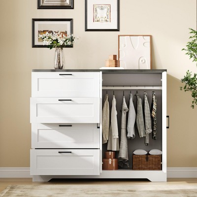 43.3'' H Multifunctional Wooden Dresser, 2 Door Wardrobe Armoire Closet with 4 Drawers and Hanging Rod, Low Storage Cabinet for Hanging Cloth