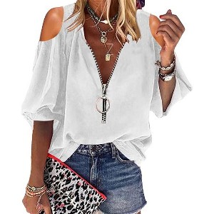 Imily Bela Women's V-neck Lantern Sleeve Shirt with Half-Zip and Off-Shoulder Casual Top - 1 of 4