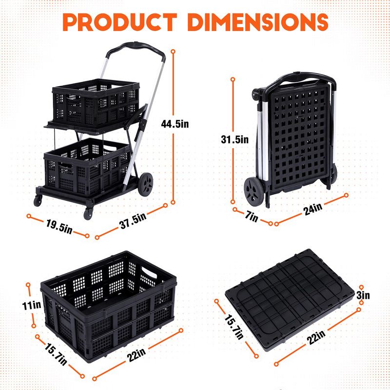 Shopping Supermarket Cart, Mobile Folding Grocery Cart with 360 Rolling Swivel Wheels, 3 of 5