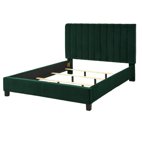 Green upholstered bed deals frame