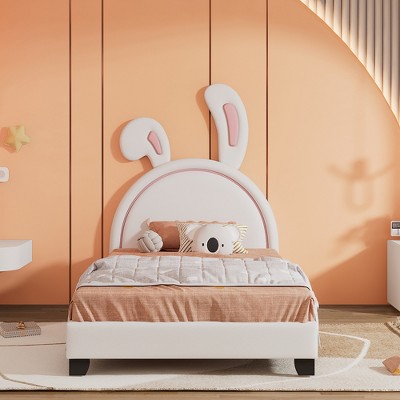 Whisen Upholstered Leather Platform Bed with Rabbit Shaped Headboard