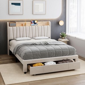 Full Size Bed Frame with Drawer, Upholstered Platform Bed Frame - 1 of 4