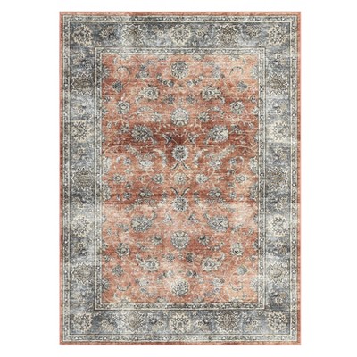 Machine Washable Area Rug Vintage Floral Non Slip Rug Foldable Stain Resistant Rugs Distressed Low Pile Indoor Carpet for Bedroom Living Room