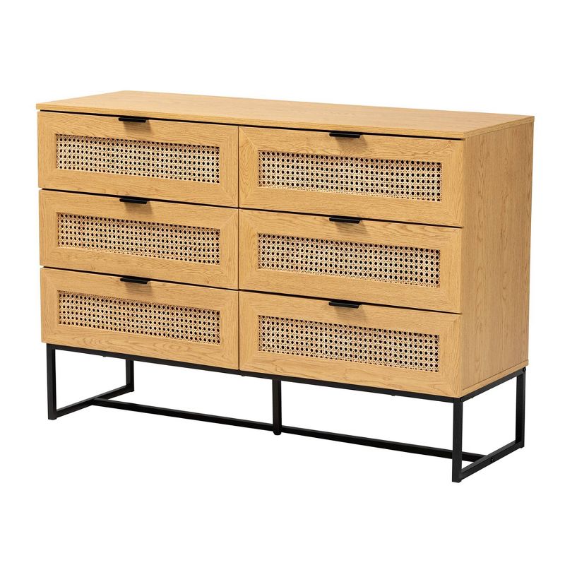 Sawyer Wood and Metal 6 Drawer Storage Cabinet with Natural Rattan Oak Brown/Black - Baxton Studio, 3 of 11