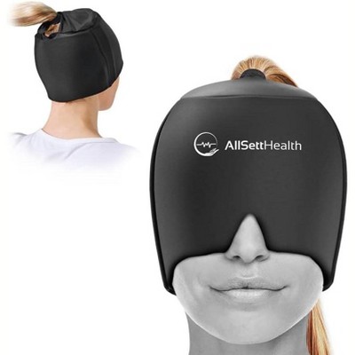 Allsett Health Migraine Relief Cap, One Size Fits All Hot/Cold Gel Compress, Built in Face and Eye Mask, Hangover, Sinus, and Stress Relief- Black