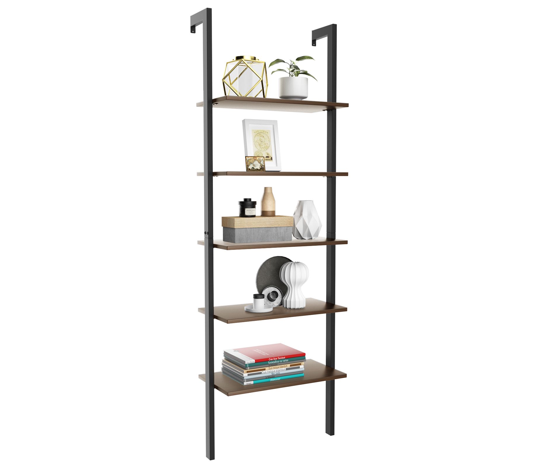 Costway 5-Tier Ladder Shelf Wood Wall Mounted Bookshelf W/Metal Frame Display Shelf