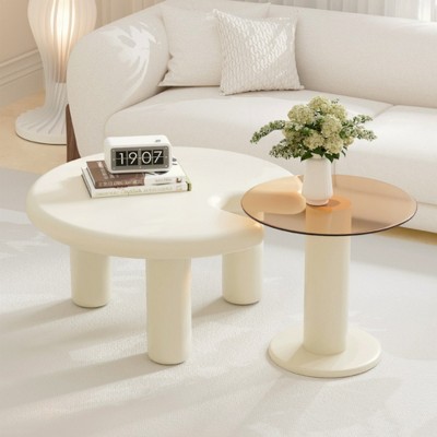 KIGFTSOD Circular Beige Cream Coffee Table Set Easy Assembly for Living Room