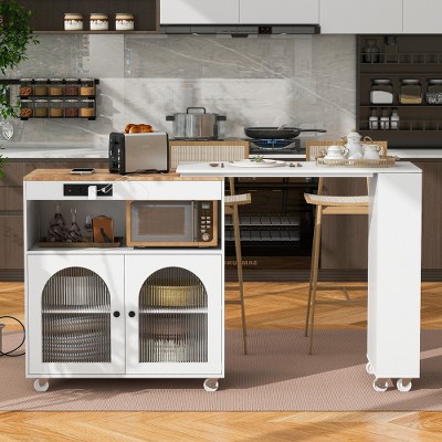 JUJABU Rolling Kitchen Island with Extended Table,Power Outlets and 2 Fluted Glass Doors
