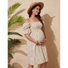 Women's Maternity Dress Square Neck Smocked Waist Puff Sleeve Floral Print Casual Midi Dress - 4 of 4