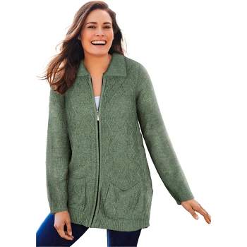 Woman Within Women's Plus Size Marled Zip-Front Cable Knit Cardigan