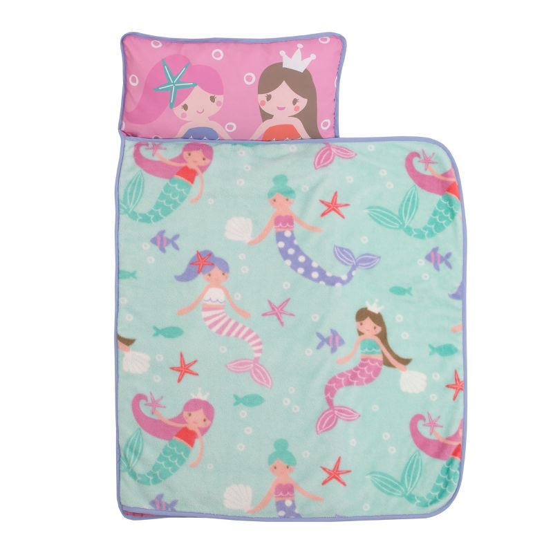 Everything Kids Pink and Aqua Mermaid Toddler Nap Mat with Pillow and Blanket, 2 of 5