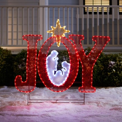 BrylaneHome 45"H Pre-Lit "Joy" Sign With Holy Family