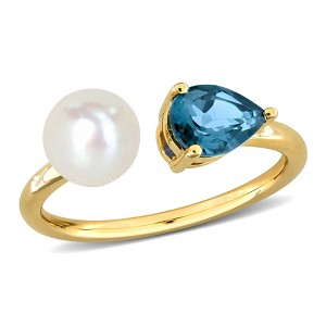 EVERLY JEWELRY | 10K Yellow Gold 7/8 ct TGW Pear-Cut London Blue Topaz 6-6.5 mm Cultured Freshwater Pearl Open 2-Stone Ring - 1 of 4