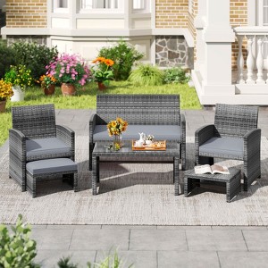 Costway 6PCS Patio Furniture Set Outdoor Sectional Conversation PE Rattan Sofa Set Black/Gray/Navy/Red/White/Turquoise - 1 of 4