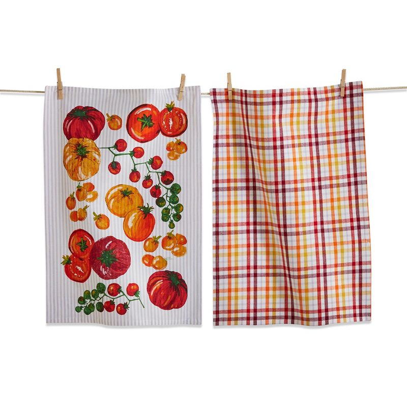 tagltd Set of 2 Heirloom Tomato Print with Coordinaton Plum and Yellow Plaid Cotton   Kitchen Dishtowels 26L x 18W in., 1 of 4