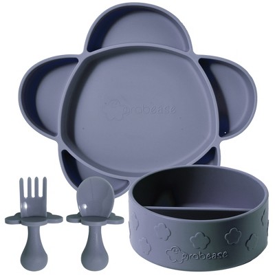Image of grabease Baby Feeding Set - Silicone Plates, Bowls, and Suction Plates - Suction Bottoms 4 Piece Set, BPA and Phthalates-Free, Gray