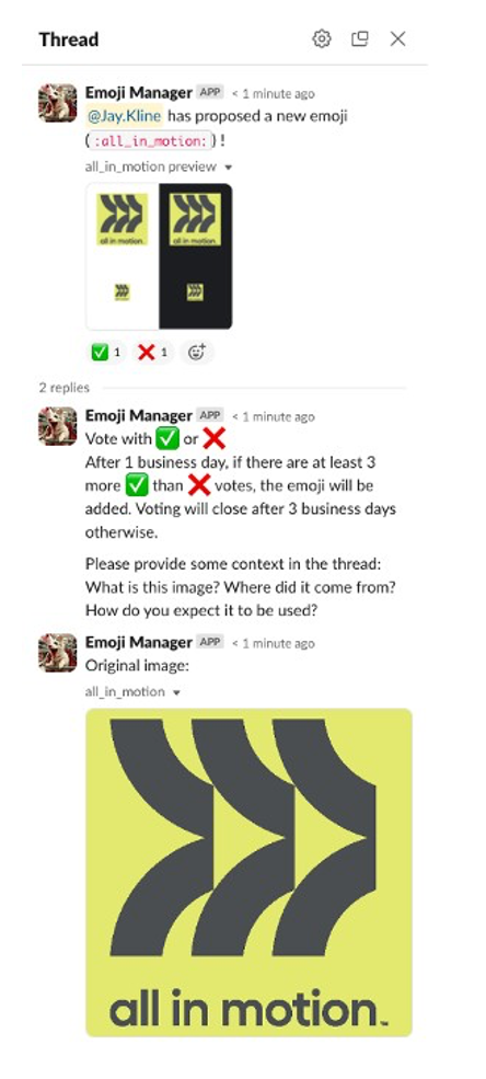 Screenshot from Emoji Manager in Slack showing the voting process, suggesting users vote yes with a green check emoji and no with a red "X" emoji