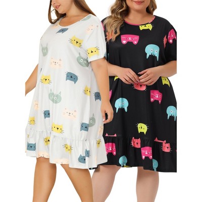 Agnes Orinda Women's Plus Size Cat Print Ruffle Hem Short Sleeve Lovely Nightgowns