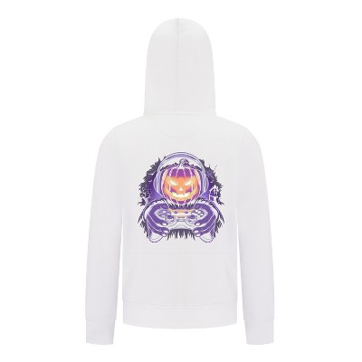 Everyday Kids Halloween Zip Up Hoodie – Gamer Pumpkin with Headphones and Controller – Cozy Fall Sweatshirt for Boys, White