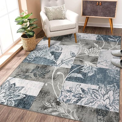 Acekool 5x7 Machine Washable Abstract Geometric Area Rug, Non-Slip, Low Pile, Non-Shedding Brown Carpet for Living Room, Bedroom