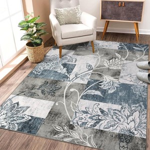 Acekool 5x7 Machine Washable Abstract Geometric Area Rug, Non-Slip, Low Pile, Non-Shedding Brown Carpet for Living Room, Bedroom - 1 of 4
