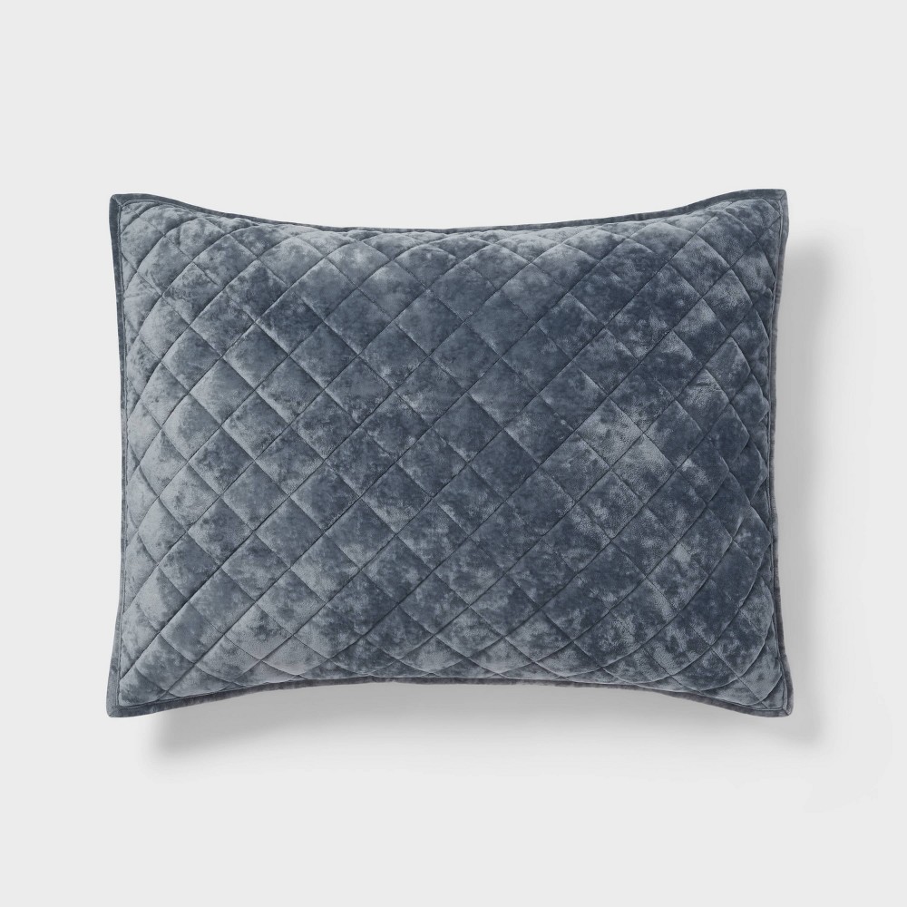 Photos - Bed Linen Standard Luxe Diamond Stitch Velvet Quilt Pillow Sham Slate Blue - Thresho