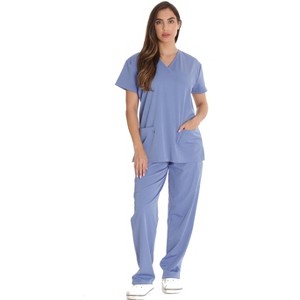 Just Love Solid Stretch Scrub Set for Women Stretchy Mock Wrap Top and Cargo Pants - 1 of 3