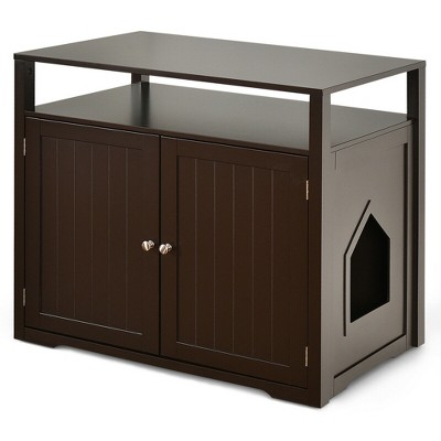 Costway Wooden Cat Litter Box Enclosure Hidden Cat Washroom w/ Storage Layer
