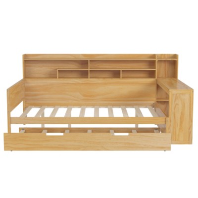 TIRAMISUBEST 91.3in Twin/ Full Daybed with Guardrails Kids Bed Trundle Desk Storage Shelves Wood Platform Bed Multifunctional Bedroom