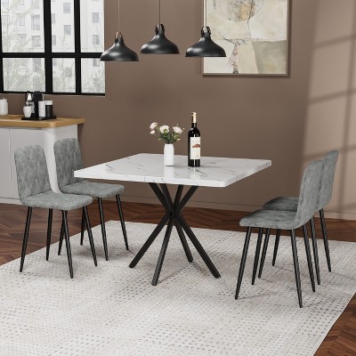 KTMBDW Square Dining Table Set, Modern Square Dining Table with 4 Gray Chair, Faux Marble Tabletop and Iron Legs, Coffee Table for Dining Room