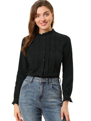 INSPIRE CHIC Women's Mock Neck Ruffle Work Office Cotton Pleated Button Up Shirt