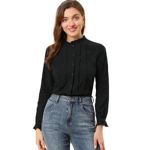 INSPIRE CHIC Women's Mock Neck Ruffle Work Office Cotton Pleated Button Up Shirt - 1 of 4
