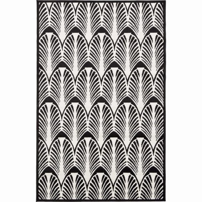 Black and Ivory Art Deco Floral Motif Area Rug, 5 x 8 ft