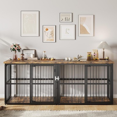 87 Inch Extra Large Double Dog Crate Furniture with Divider, Heavy Duty Indoor Double Dog Cage with 3 Doors, XXL Wooden Pet House TV Stand