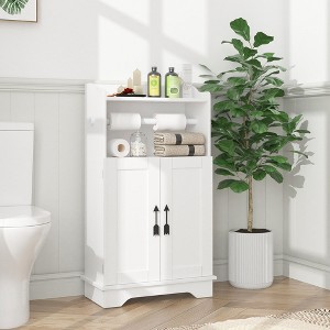 VECELO Bathroom Storage Cabinet Wooden Floor Cabinet with 2 Doors & Roll Toilet Paper Holder, Adjustable Shelf, White - 1 of 4