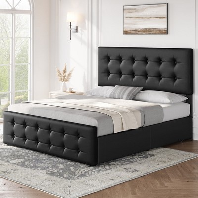 Whizmax Bed Frame with 4 Storage Drawers and Headboard, Linen Upholstered Platform Bed Frame with Wooden Slats Support, Button Tufted Design