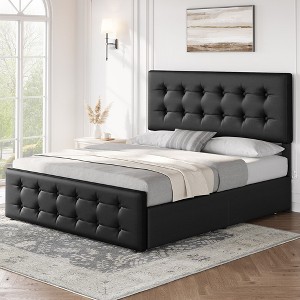 Whizmax Bed Frame with 4 Storage Drawers and Headboard, Linen Upholstered Platform Bed Frame with Wooden Slats Support, Button Tufted Design - 1 of 4