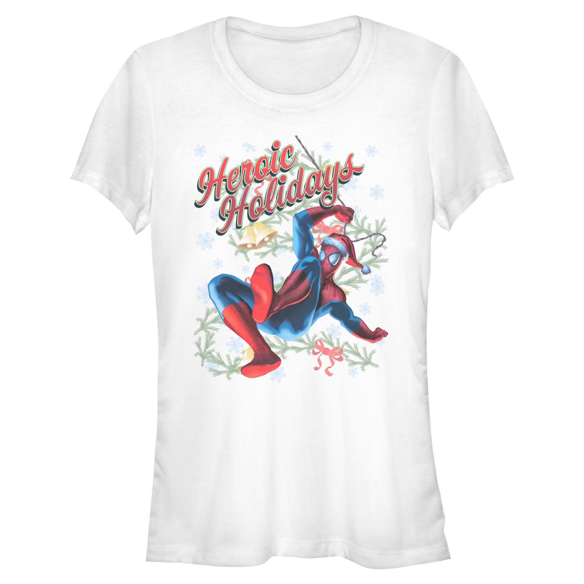 Juniors Marvel Heroic Holidays Swing Spidey T Shirt - White - Small
