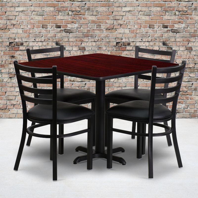 Flash Furniture 36'' Square Mahogany Laminate Table Set with X-Base and 4 Ladder Back Metal Chairs - Black Vinyl Seat, 3 of 4