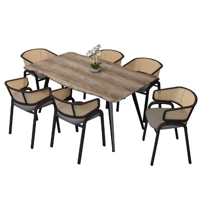 LeisureMod Ravenna 7-pc Dining Set, 63" Rectangular Table and 6 Ervilla Chairs