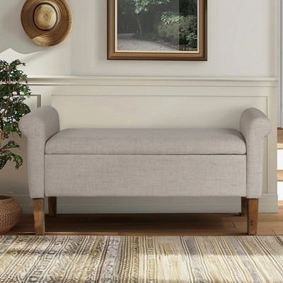Contemporary Entryway Storage Bench,Fabric Fully Upholstered Storage Bench,Bedside Storage Bench With Armrests,Solid Wood Legs-Cuddlewood