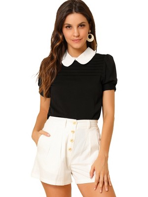 INSPIRE CHIC Women's Vintage Peter Pan Collar Contrast Puff Short Sleeve Blouse