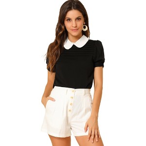 INSPIRE CHIC Women's Vintage Peter Pan Collar Contrast Puff Short Sleeve Blouse - 1 of 4